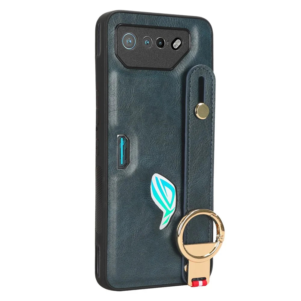 For Asus ROG Phone 7 5G Wristband Kickstand Phone Case PU Leather Coated PC+TPU Cover with Bottle Opener - Blue - 3