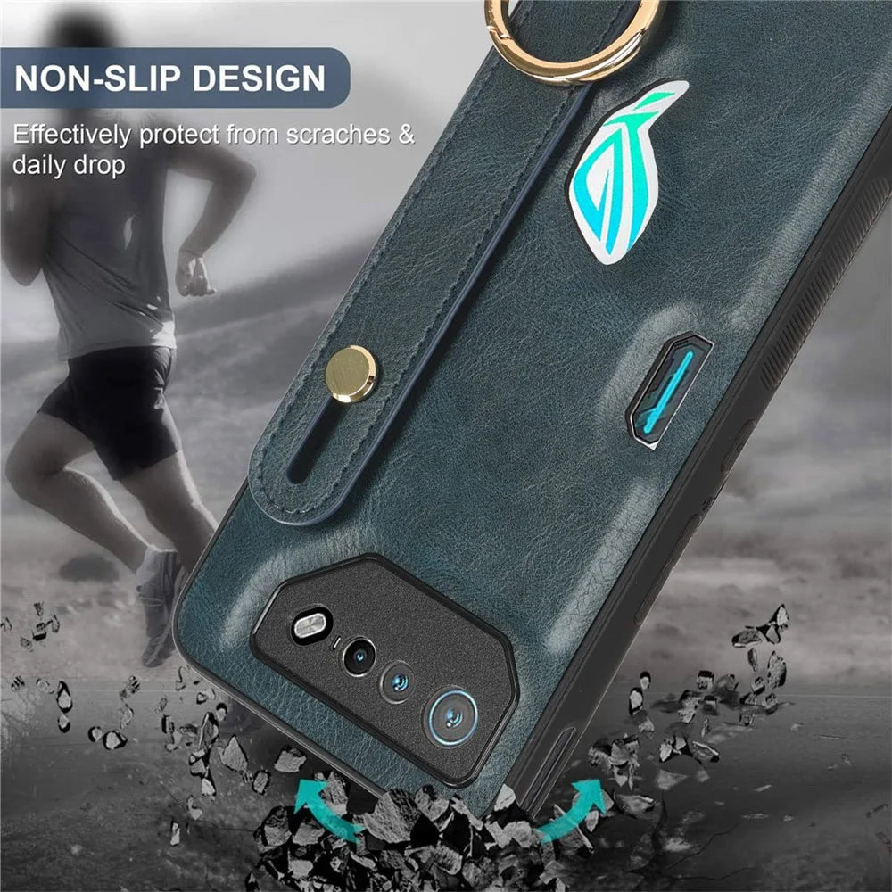 For Asus ROG Phone 7 5G Wristband Kickstand Phone Case PU Leather Coated PC+TPU Cover with Bottle Opener - Blue - 6