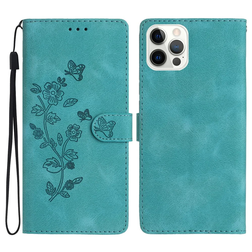 For iPhone 12 / 12 Pro 6.1 inch Flower Imprint Shockproof Cover Leather Wallet Stand Cell Phone Case - Sky Blue - 1