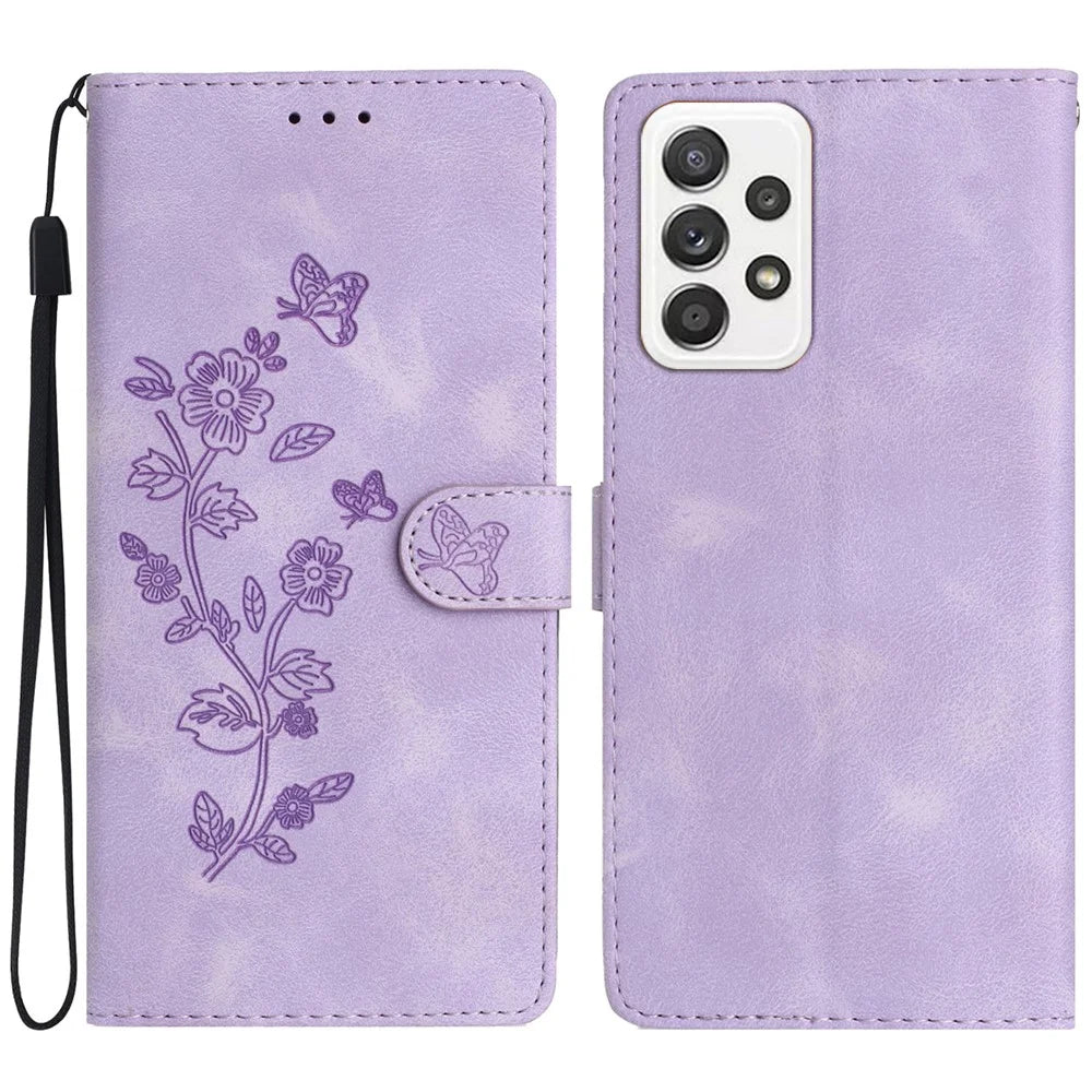 For Samsung Galaxy A52 4G / 5G / A52s 5G Leather Case Flower Imprint Wallet Stand Cell Phone Cover - Purple - 1