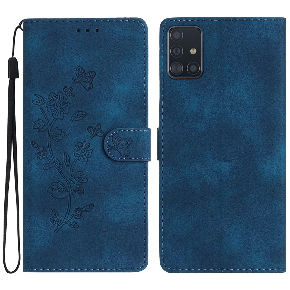For Samsung Galaxy A51 4G SM-A515 Flower Imprint Phone Case Wallet Stand Leather Phone Cover - Blue - 1