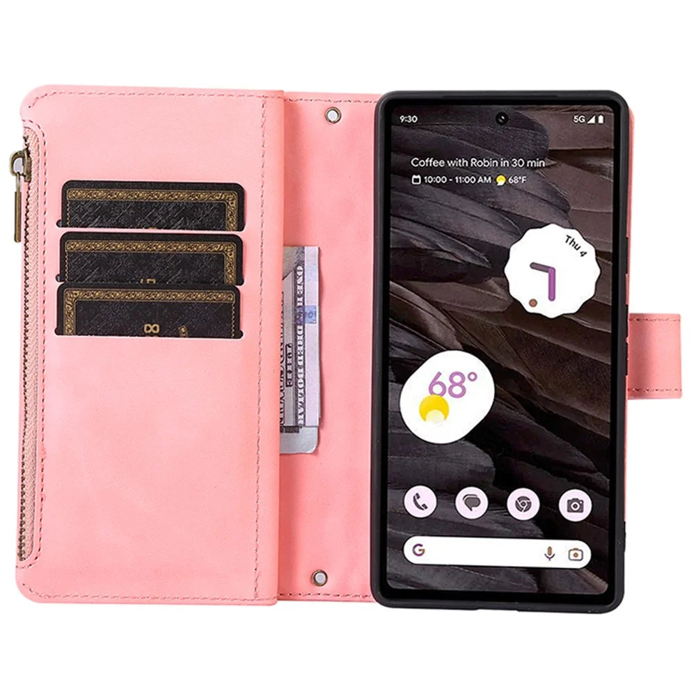 For Google Pixel 7a Rhombus Imprint Zipper Pocket Wallet Stand Phone Case Leather Card Holder Shell - Rose Gold - 5