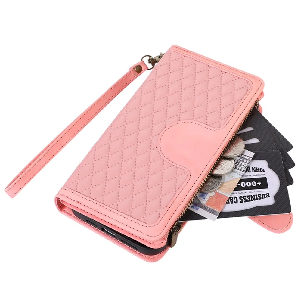 For Google Pixel 7a Rhombus Imprint Zipper Pocket Wallet Stand Phone Case Leather Card Holder Shell - Rose Gold - 6