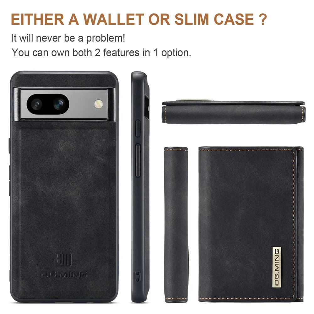 DG.MING M1 Series For Google Pixel 7a Detachable Magnetic Wallet Kickstand Phone Case PC+TPU+PU Leather Back Cover - Black - 4