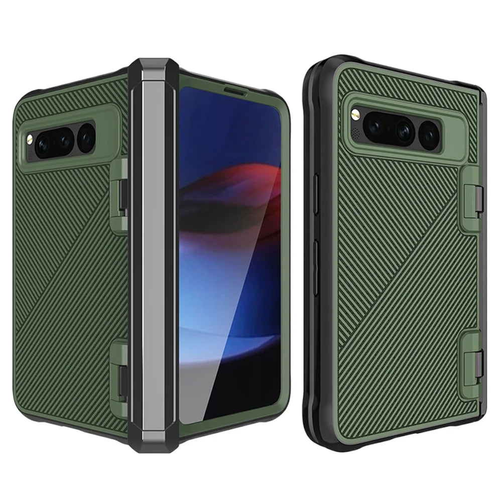 For Google Pixel Fold PC+TPU Non-Slip Phone Case Hinge Protection Shockproof Cover with Tempered Glass Film - Green - 1