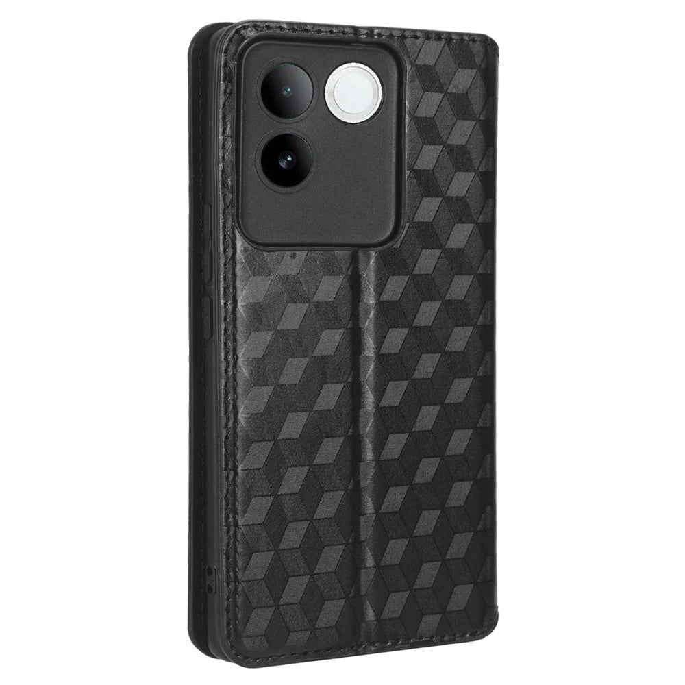 For vivo S17e 5G PU Leather Stand Case Shockproof Rhombus Imprinted Phone Cover - Black - 6