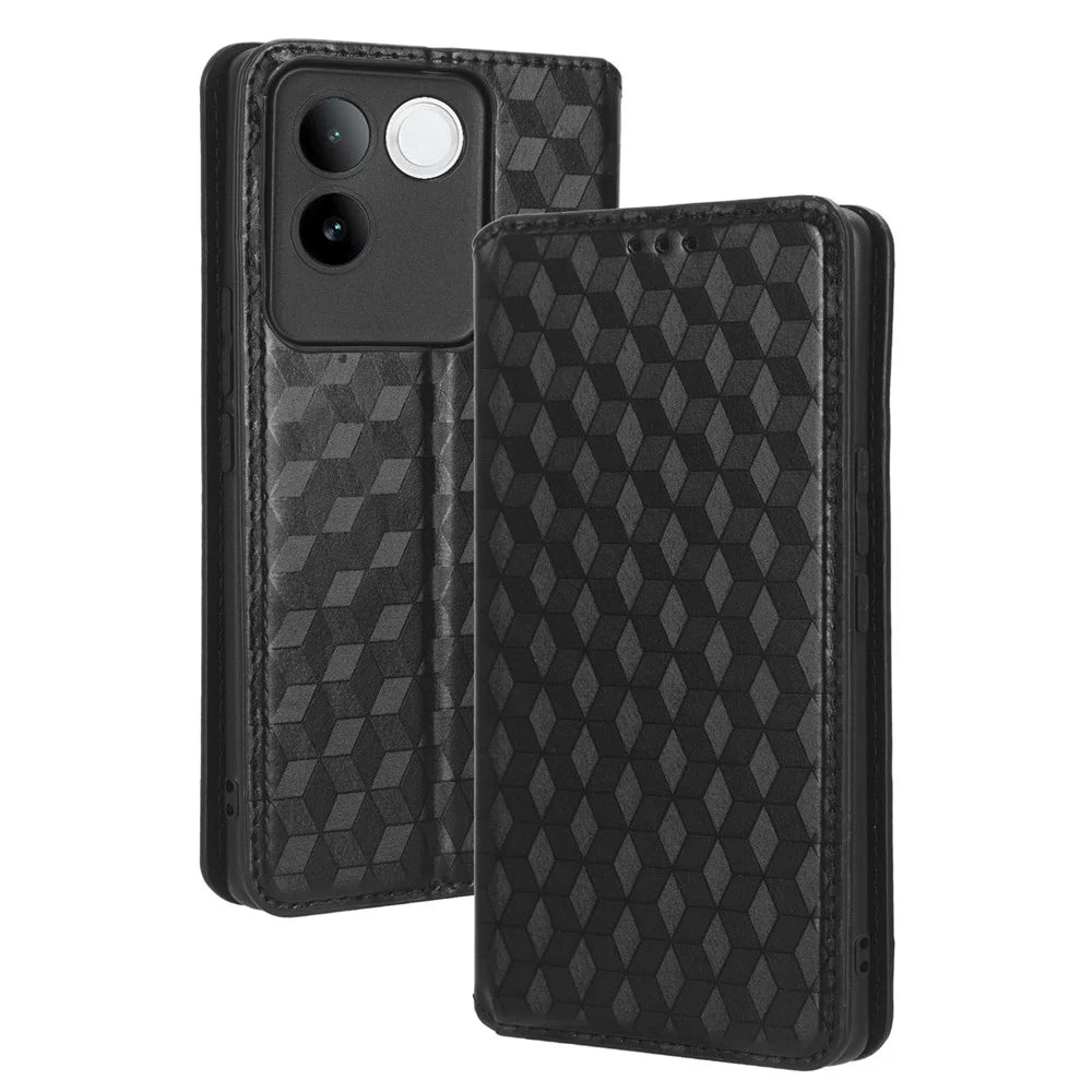 For vivo S17e 5G PU Leather Stand Case Shockproof Rhombus Imprinted Phone Cover - Black - 7