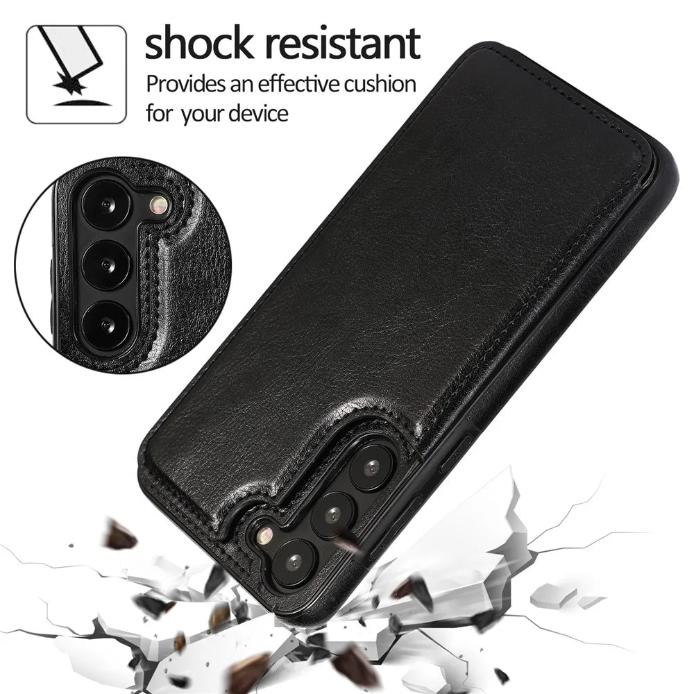 For Samsung Galaxy S23 PU Leather Coated TPU Phone Case Dual Buttons Card Holder Kickstand Cover - Black - 5