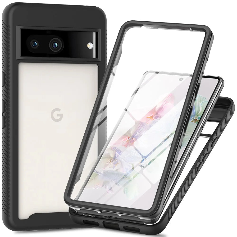 3-in-1 Phone Case for Google Pixel 7a Shockproof Detachable Phone Case with PET Screen Protector - Black - 1