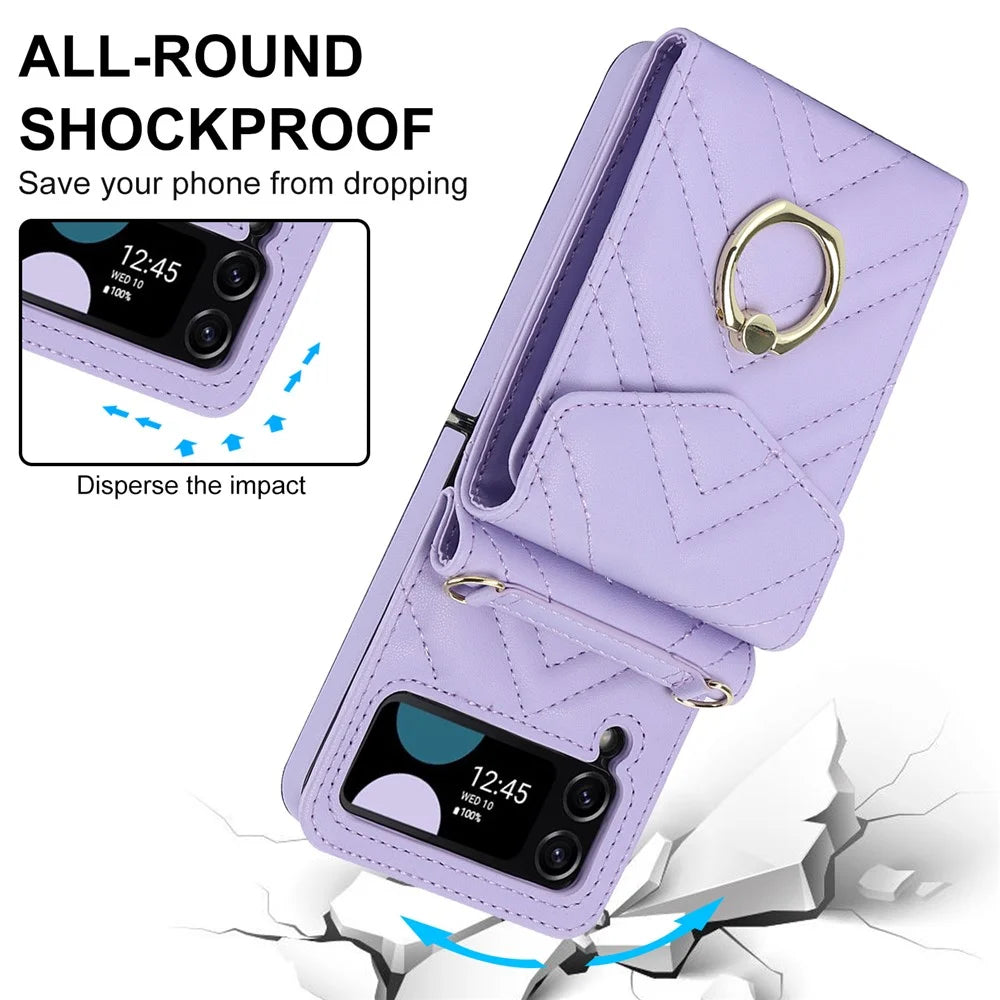 ZD 011 Card Bag Phone Case for Samsung Galaxy Z Flip3 5G, Ring Kickstand RFID Blocking Leather+PC Cover - Purple - 3