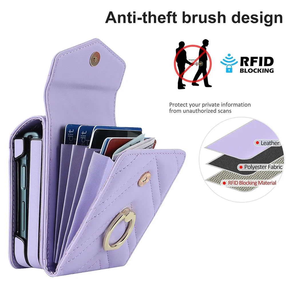 ZD 011 Card Bag Phone Case for Samsung Galaxy Z Flip3 5G, Ring Kickstand RFID Blocking Leather+PC Cover - Purple - 4