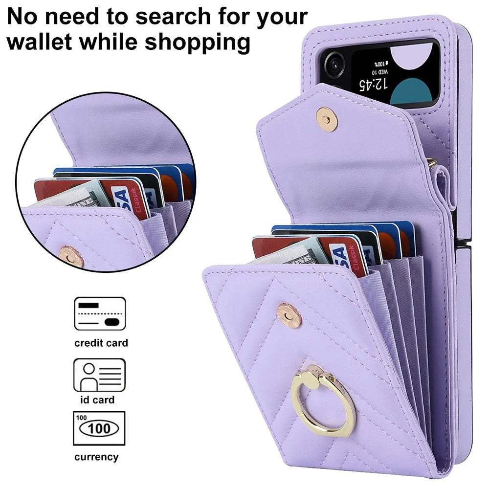 ZD 011 Card Bag Phone Case for Samsung Galaxy Z Flip3 5G, Ring Kickstand RFID Blocking Leather+PC Cover - Purple - 5