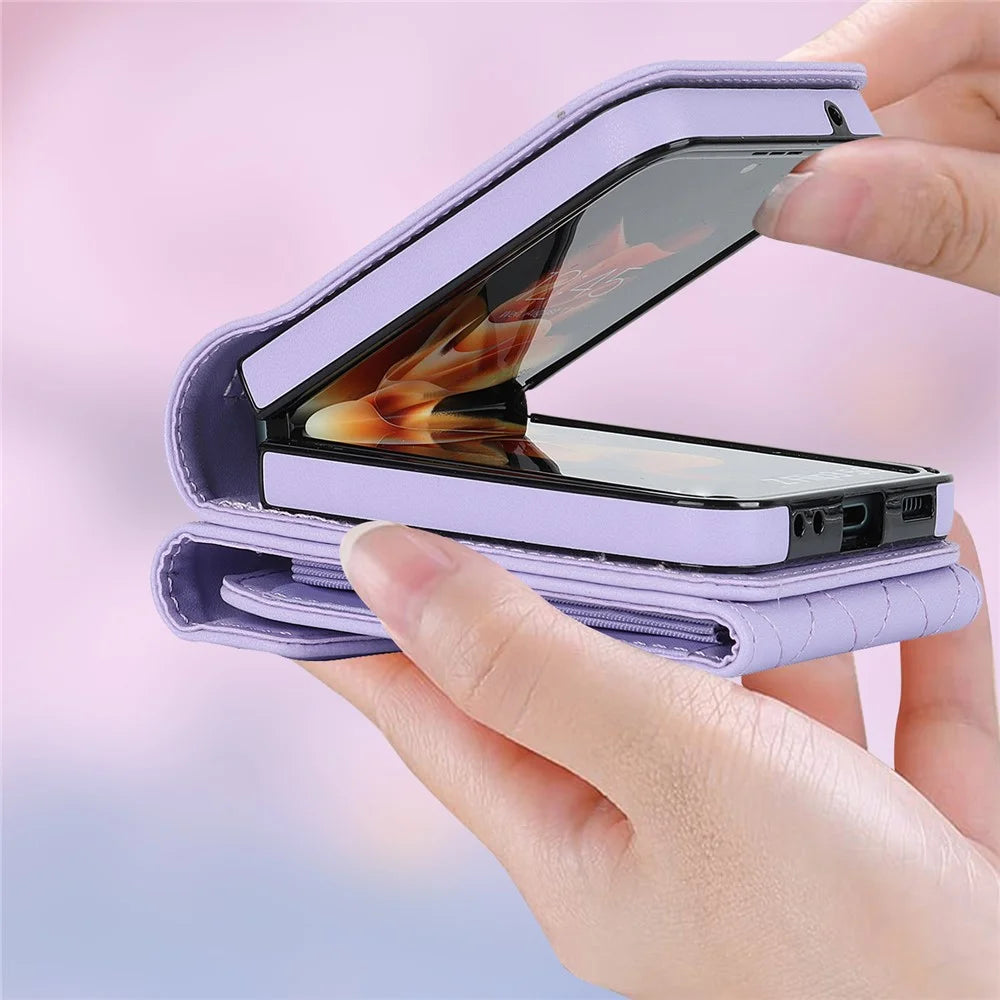 ZD 011 Card Bag Phone Case for Samsung Galaxy Z Flip3 5G, Ring Kickstand RFID Blocking Leather+PC Cover - Purple - 6