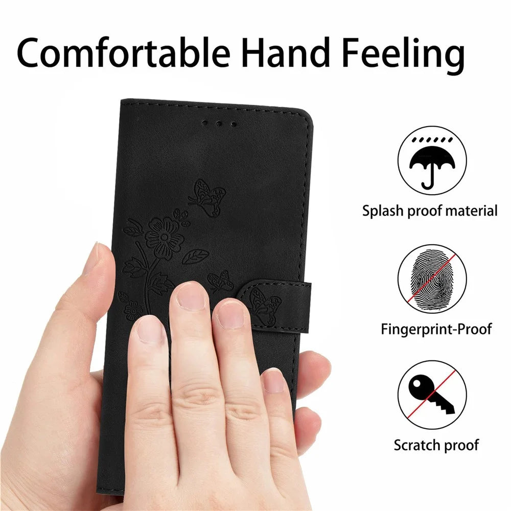 Leather Cellphone Cover for Samsung Galaxy M32 (Global Version) 4G Imprinted Flower Wallet Stand Phone Case - Black - 6