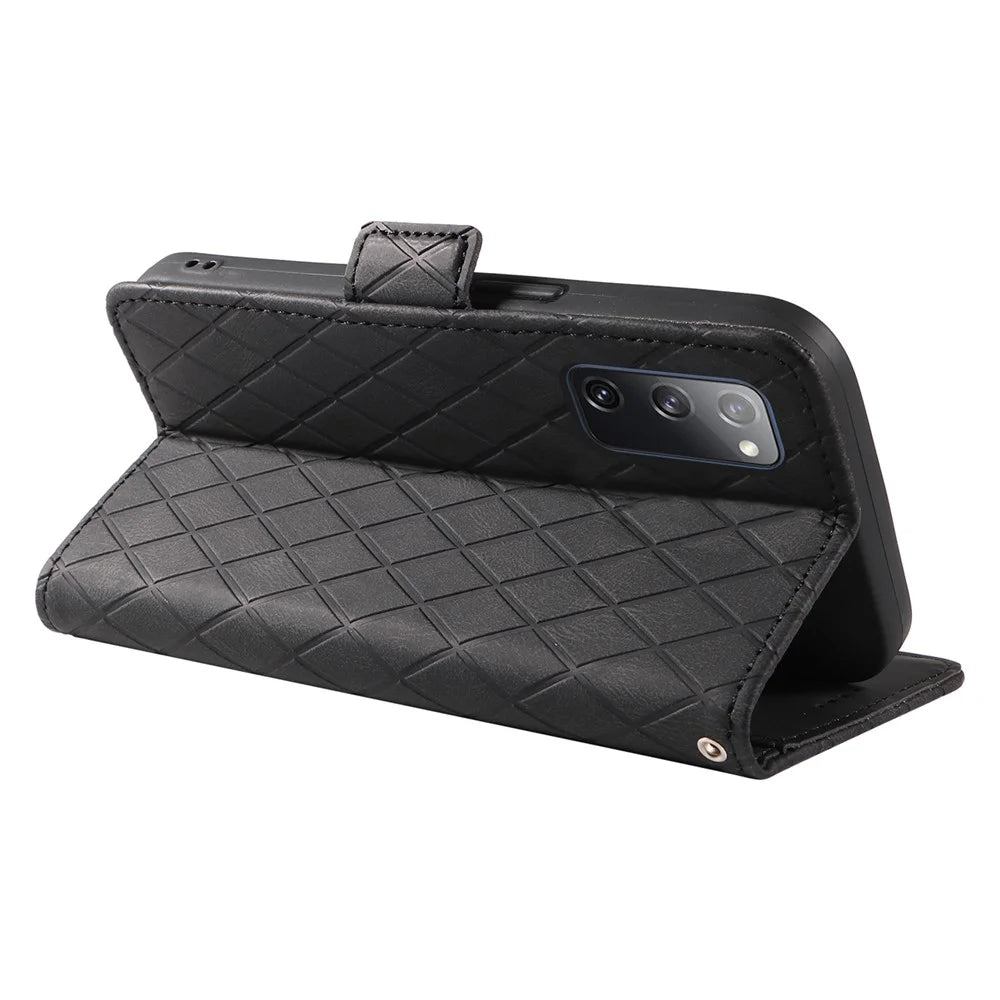 For Samsung Galaxy S20 FE / S20 FE 5G / S20 FE 2022 / S20 Lite Color Splicing Leather Case Rhombus Imprinted Wallet Stand Phone Cover - Black - 4