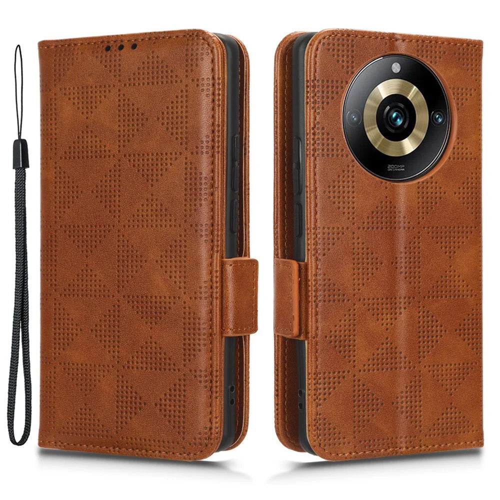 For Realme 11 Pro 5G / 11 Pro+ 5G Imprinted Triangle Phone Cover Stand Shell Dustproof PU Leather Wallet Case - Brown - 1