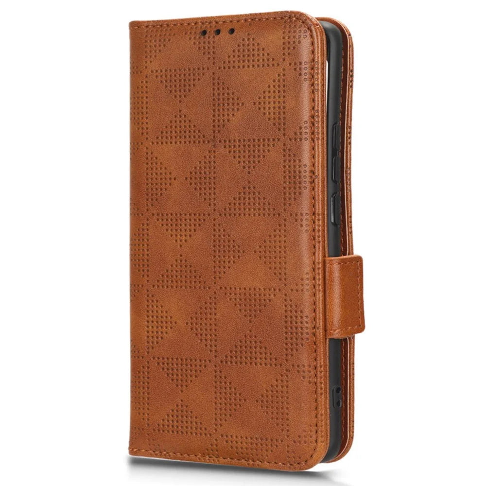 For Realme 11 Pro 5G / 11 Pro+ 5G Imprinted Triangle Phone Cover Stand Shell Dustproof PU Leather Wallet Case - Brown - 5