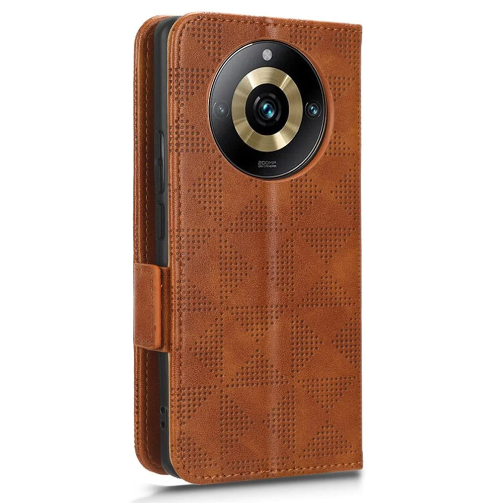 For Realme 11 Pro 5G / 11 Pro+ 5G Imprinted Triangle Phone Cover Stand Shell Dustproof PU Leather Wallet Case - Brown - 6