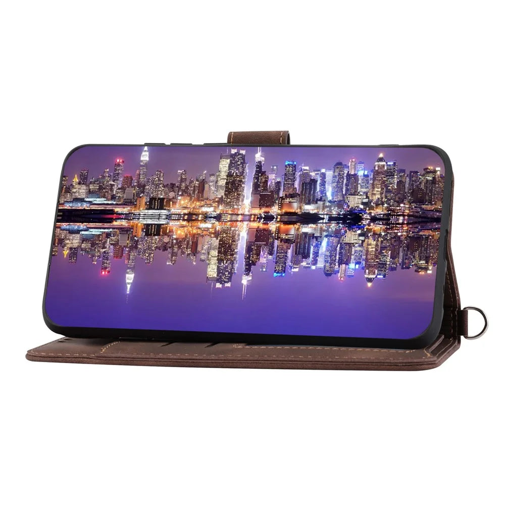 For Samsung Galaxy M54 5G / F54 5G Wallet Phone Case Flower Imprinted Skin-Touch Leather Cover with Strap - Brown - 2