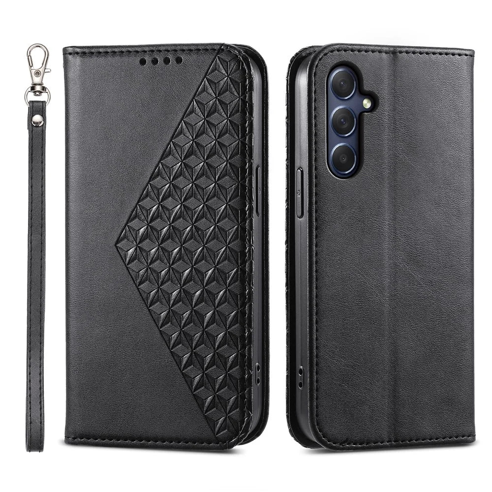 Phone Leather Case for Samsung Galaxy M54 5G / F54 5G , Imprinted Rhombus Pattern Wallet Stand Cover - Black - 1
