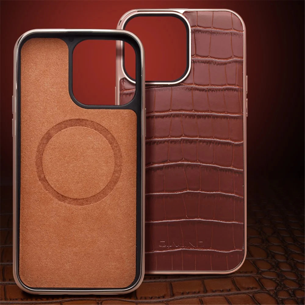 QIALINO Shockproof Phone Case for iPhone 14 Pro Max Anti-Drop Genuine Cow Leather TPU Cover Compatible with MagSafe Charger - Brown - 4