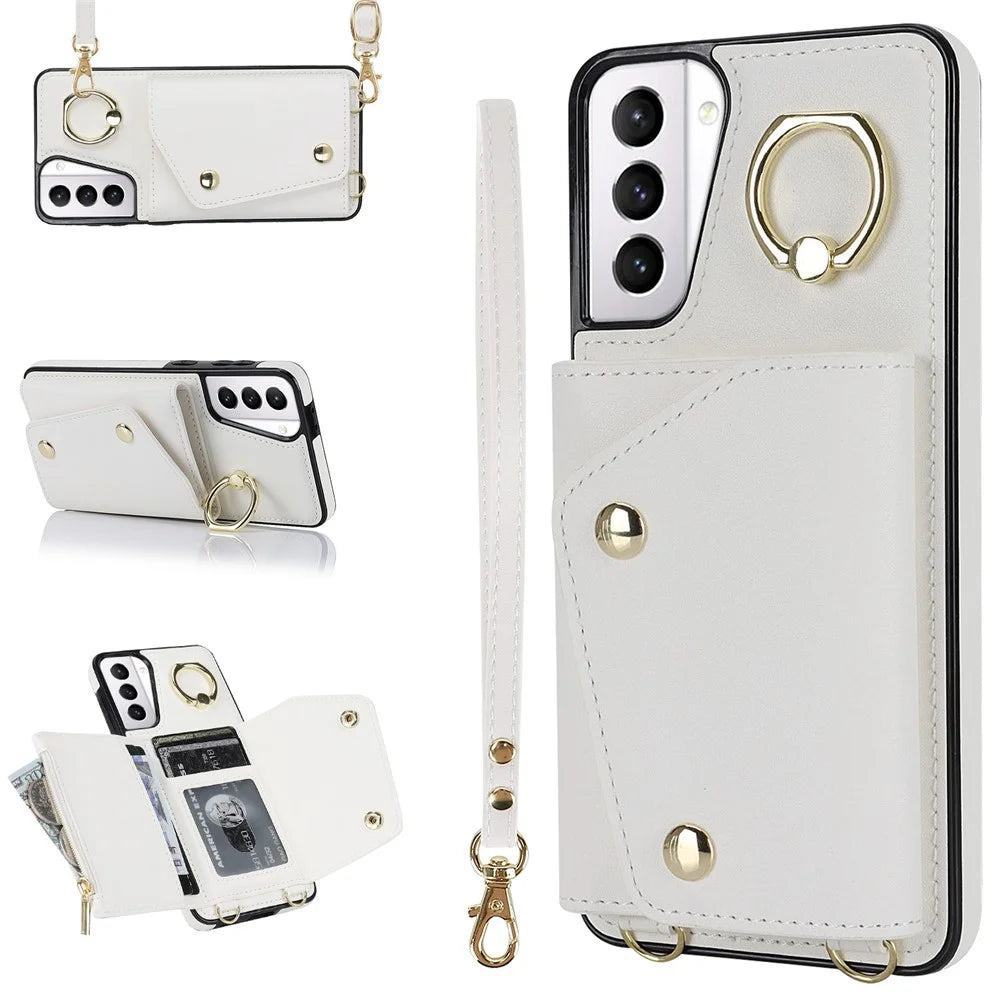 For Samsung Galaxy S21 4G / 5G Kickstand Case Zipper Wallet PU Leather Coated TPU Crossbody Phone Cover - White - 1