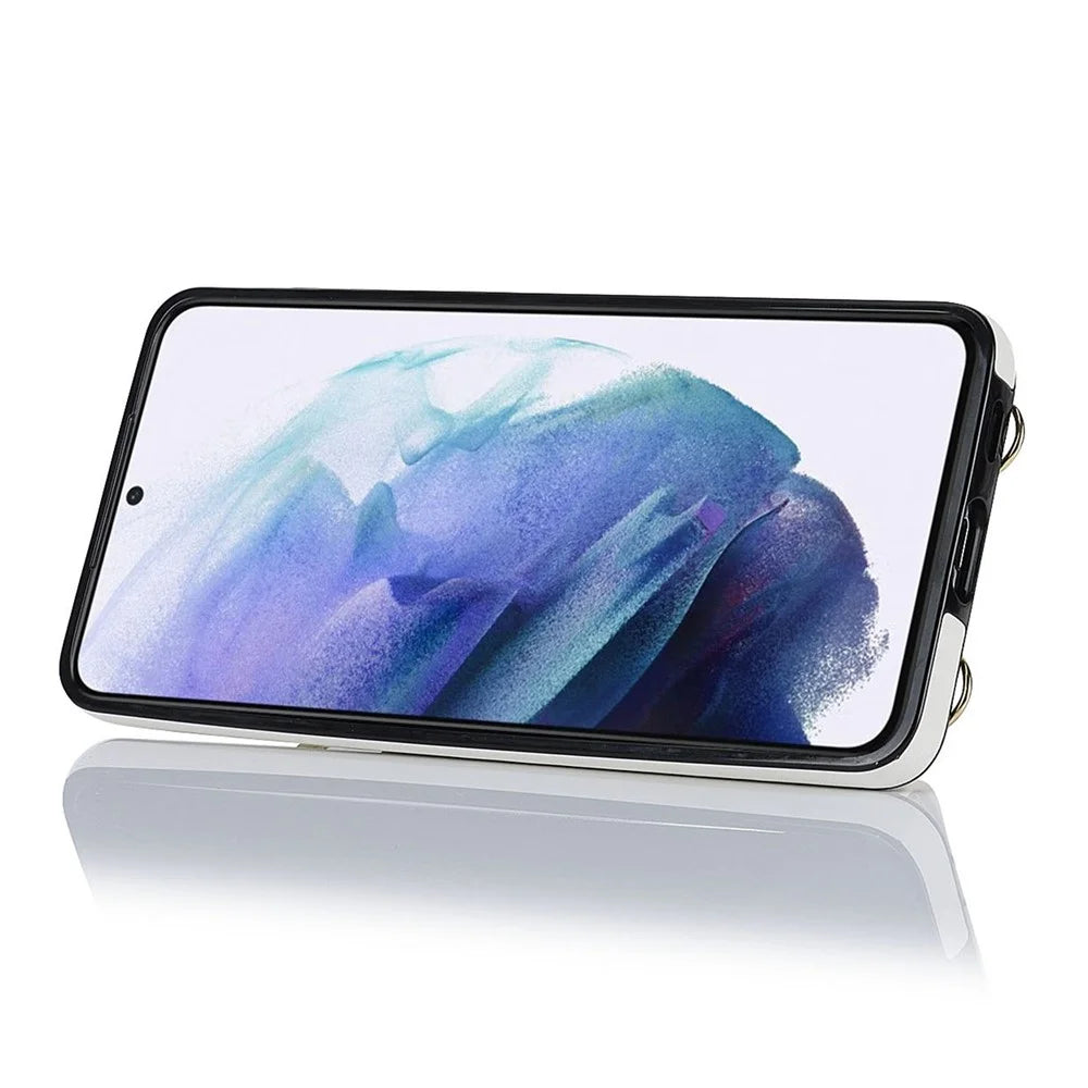 For Samsung Galaxy S21 4G / 5G Kickstand Case Zipper Wallet PU Leather Coated TPU Crossbody Phone Cover - White - 2