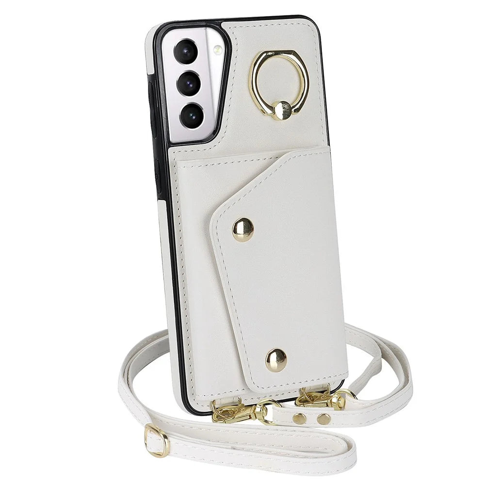 For Samsung Galaxy S21 4G / 5G Kickstand Case Zipper Wallet PU Leather Coated TPU Crossbody Phone Cover - White - 4
