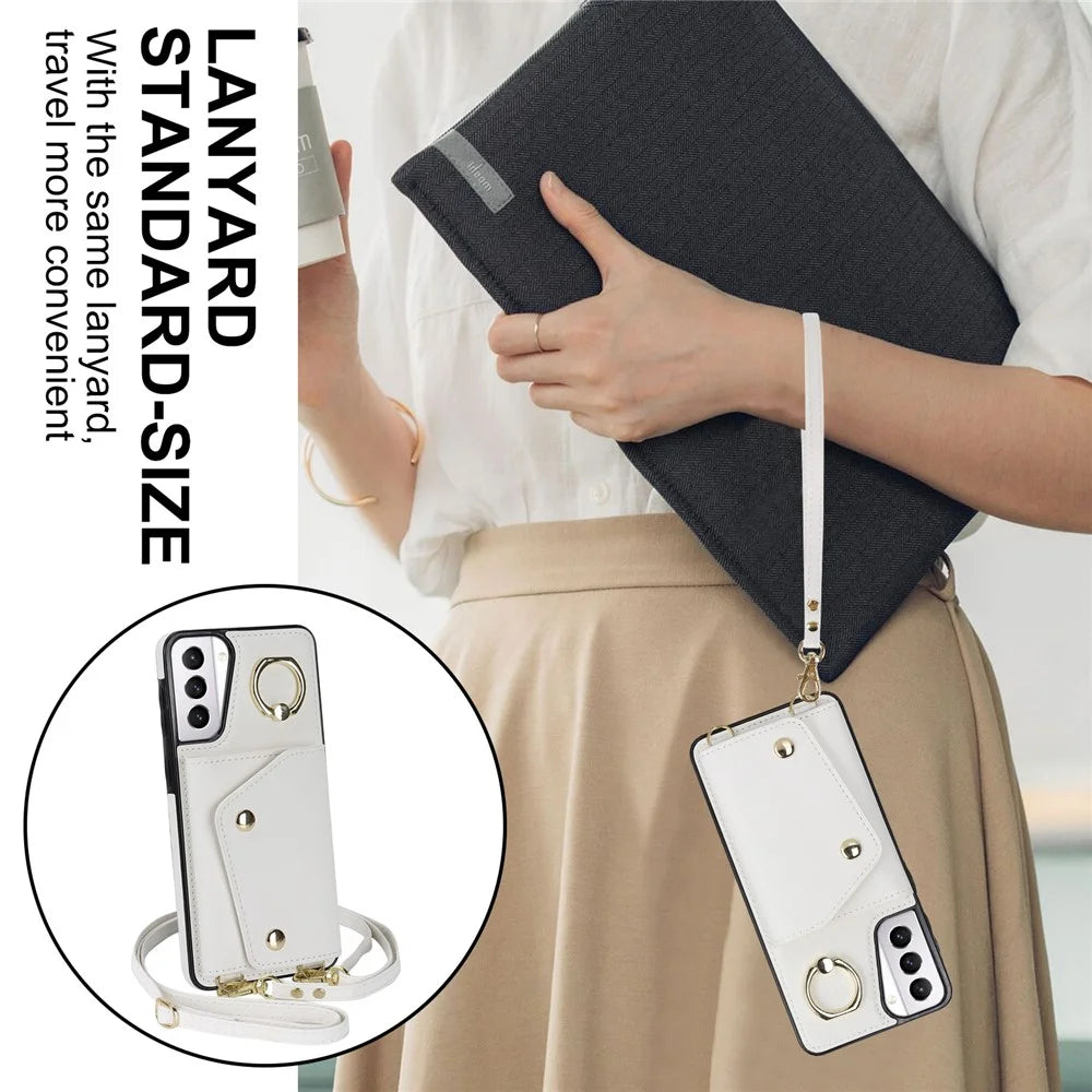 For Samsung Galaxy S21 4G / 5G Kickstand Case Zipper Wallet PU Leather Coated TPU Crossbody Phone Cover - White - 5