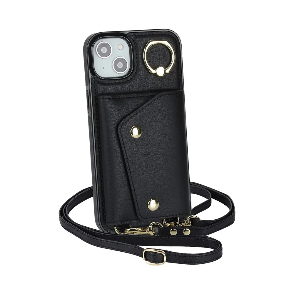For iPhone 12 mini Leather Coated TPU Phone Kickstand Case Zipper Wallet Crossbody Phone Cover - Black - 4