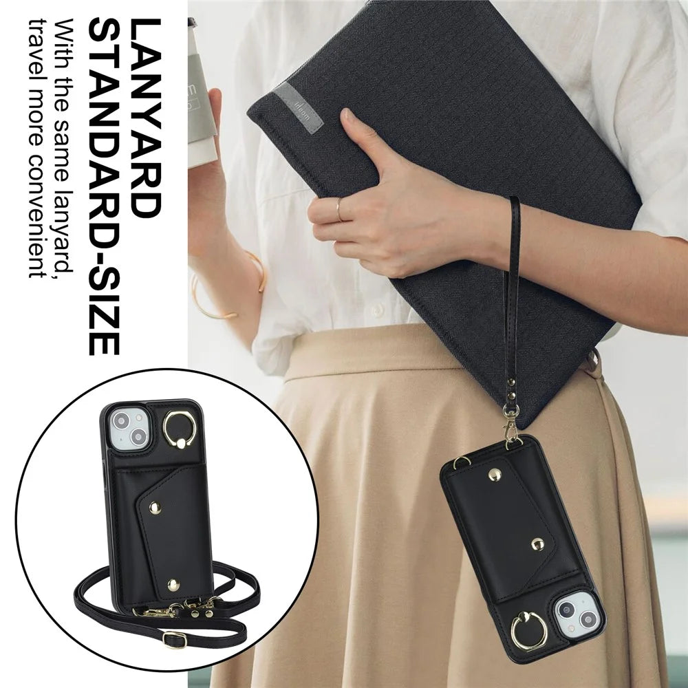 For iPhone 12 mini Leather Coated TPU Phone Kickstand Case Zipper Wallet Crossbody Phone Cover - Black - 5