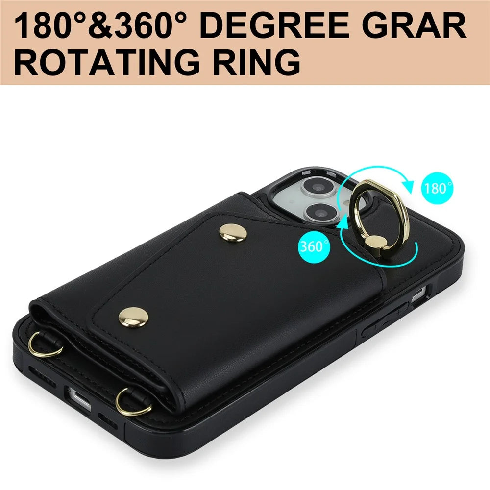 For iPhone 12 mini Leather Coated TPU Phone Kickstand Case Zipper Wallet Crossbody Phone Cover - Black - 6