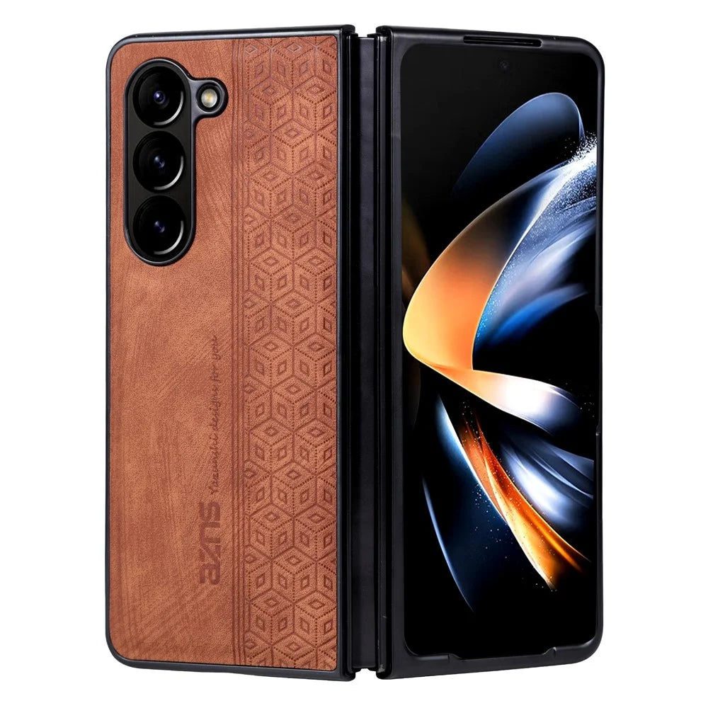 AZNS For Samsung Galaxy Z Fold5 5G Imprinted Phone Case PU Leather + PC Folding Phone Cover - Brown - 1