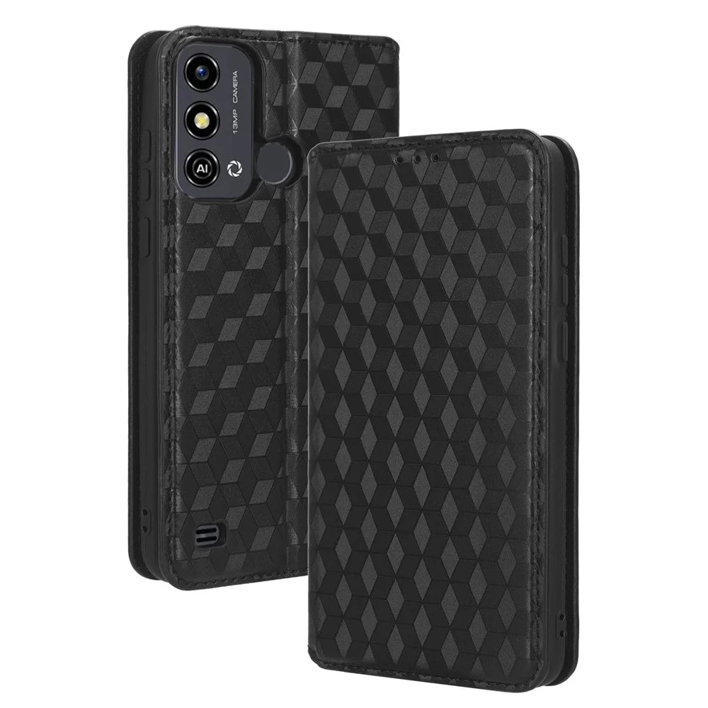 For ZTE Blade A53 / A53+ Rhombus Imprinted Shell PU Leather Stand Case Drop Resistant Phone Cover - Black - 7