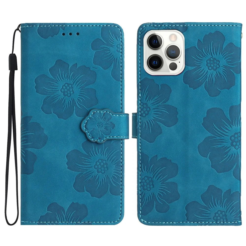 For iPhone 14 Pro Max Flowers Pattern Phone Case PU Leather Flip Stand Wallet Cover - Blue - 1