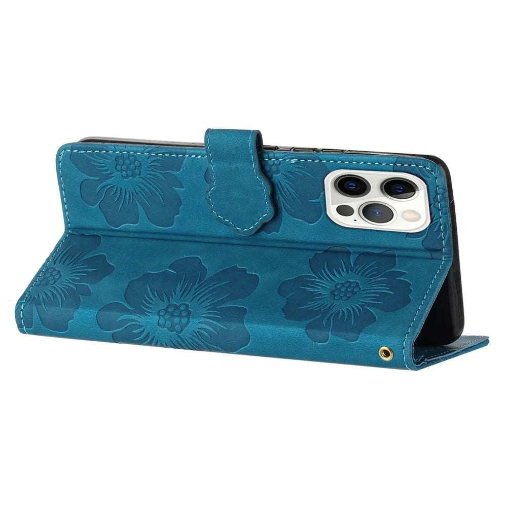 For iPhone 12 Pro Max 6.7 inch Flowers Imprint Phone Case PU Leather Wallet Cover with Stand - Blue - 4