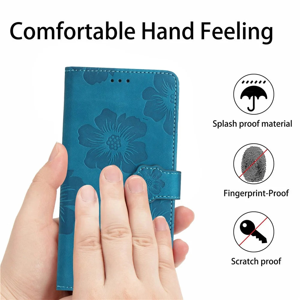 For iPhone 12 Pro Max 6.7 inch Flowers Imprint Phone Case PU Leather Wallet Cover with Stand - Blue - 5