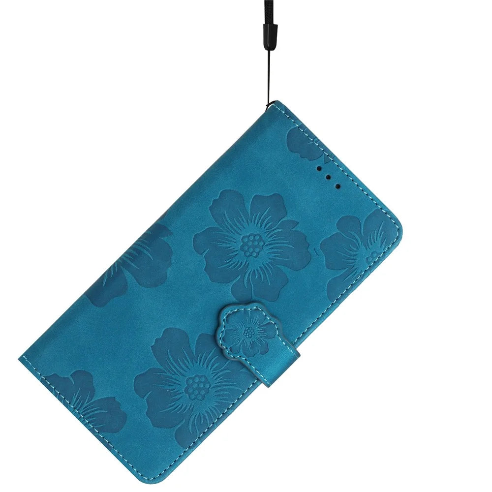 For iPhone 12 Pro Max 6.7 inch Flowers Imprint Phone Case PU Leather Wallet Cover with Stand - Blue - 6