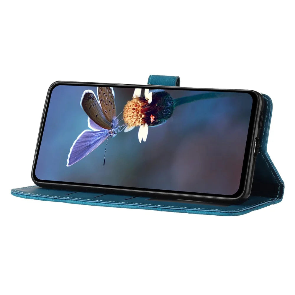 For Samsung Galaxy A73 5G Flip Stand Phone Case Flowers Imprint Leather Wallet Shockproof Cover - Blue - 2