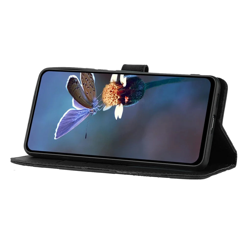 For Samsung Galaxy A72 4G / 5G Imprinted Flowers Phone Cover PU Leather Coated TPU Wallet Shell Case - Black - 2