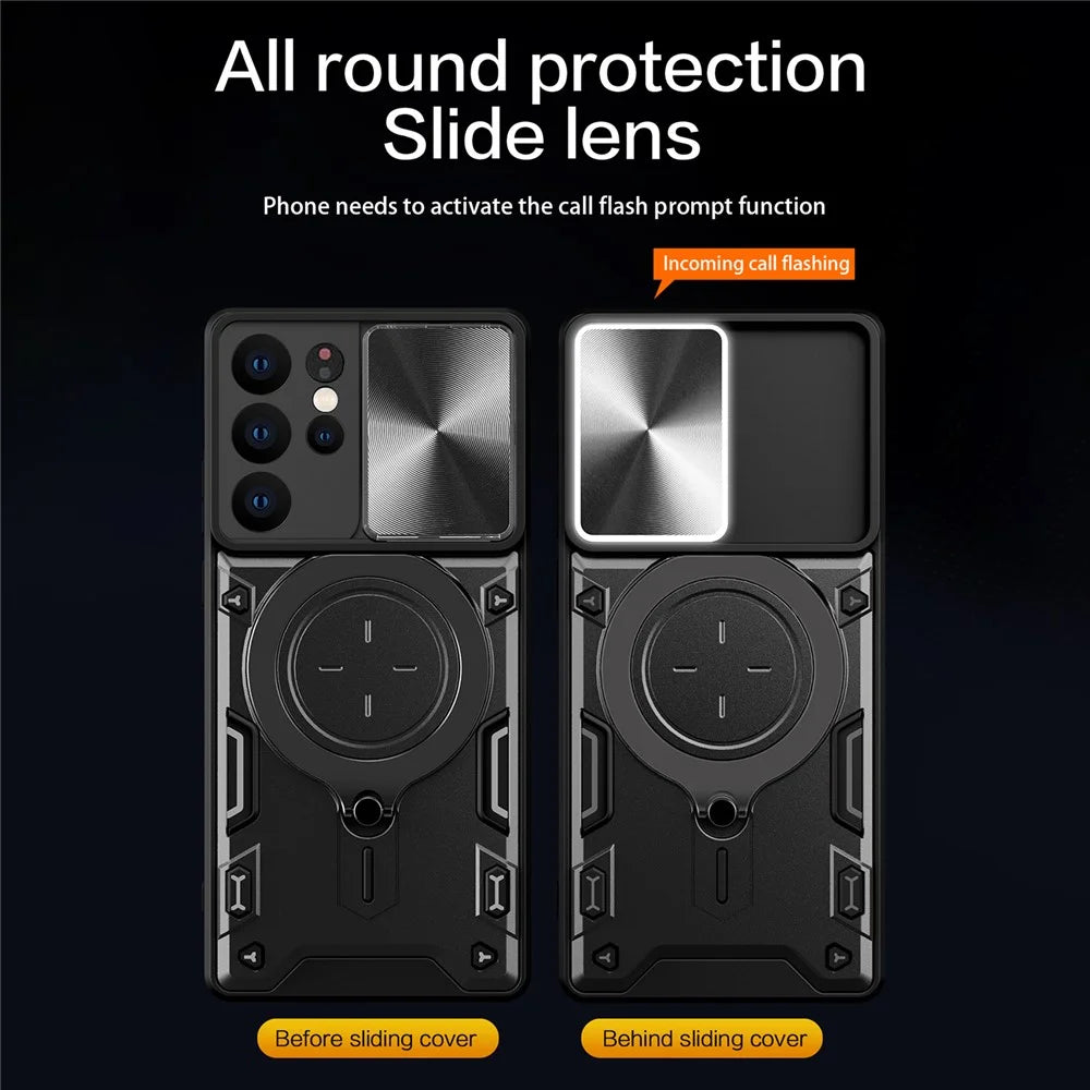 For Samsung Galaxy S21 Ultra 5G Rotatable Kickstand PC+TPU Phone Case Slide Camera Lid Shockproof Cover - Black - 2