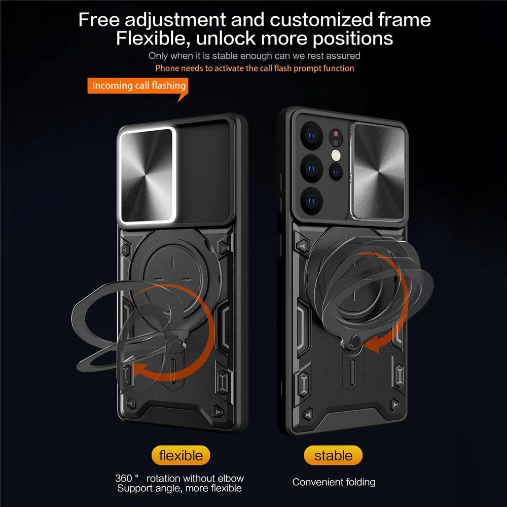 For Samsung Galaxy S21 Ultra 5G Rotatable Kickstand PC+TPU Phone Case Slide Camera Lid Shockproof Cover - Black - 4