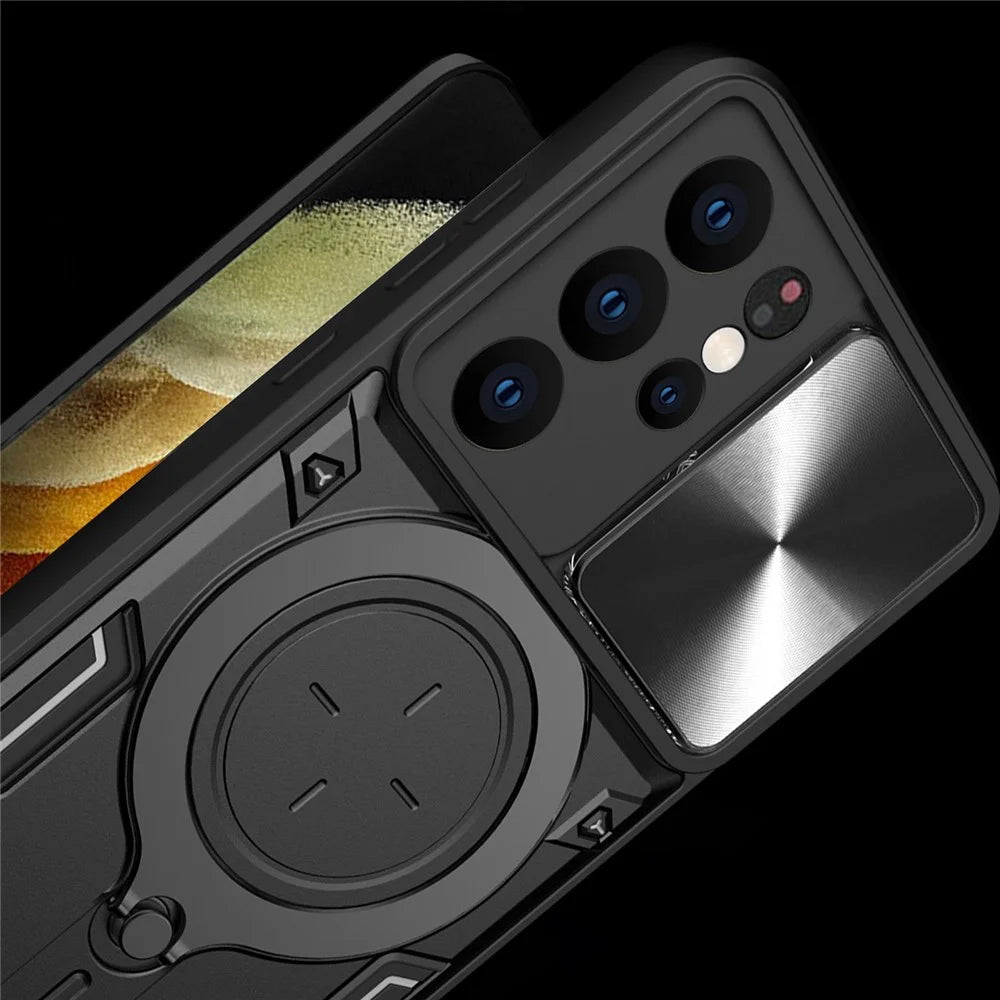 For Samsung Galaxy S21 Ultra 5G Rotatable Kickstand PC+TPU Phone Case Slide Camera Lid Shockproof Cover - Black - 7