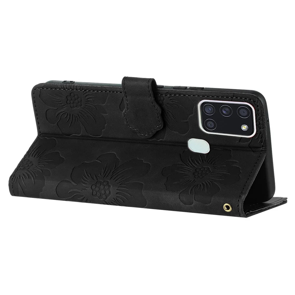 For Samsung Galaxy A21s Flowers Imprint Leather Wallet Case Folding Stand Phone Cover - Black - 3