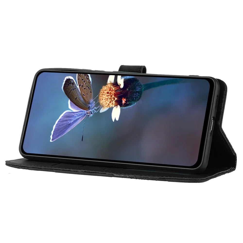 For Samsung Galaxy A21s Flowers Imprint Leather Wallet Case Folding Stand Phone Cover - Black - 4
