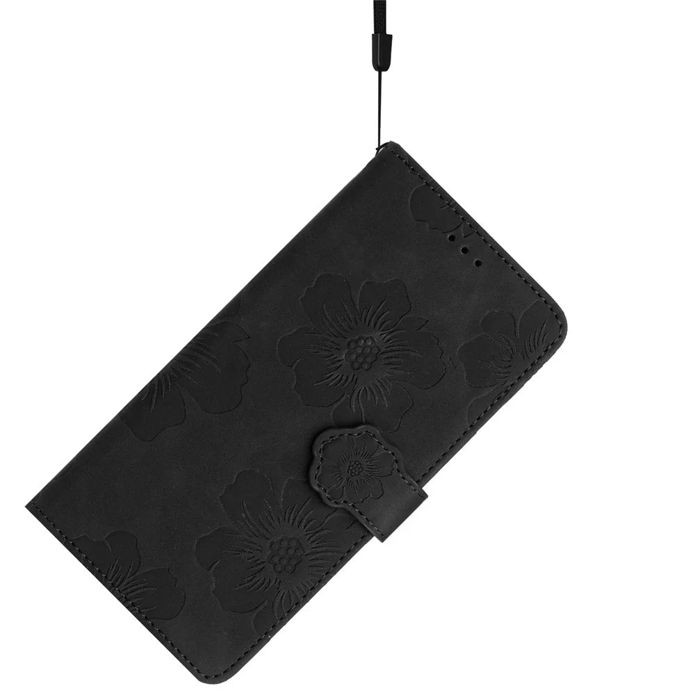 For Samsung Galaxy A21s Flowers Imprint Leather Wallet Case Folding Stand Phone Cover - Black - 6