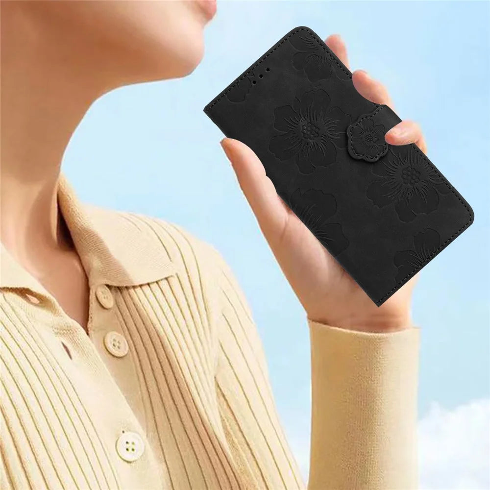 For Samsung Galaxy A21s Flowers Imprint Leather Wallet Case Folding Stand Phone Cover - Black - 7