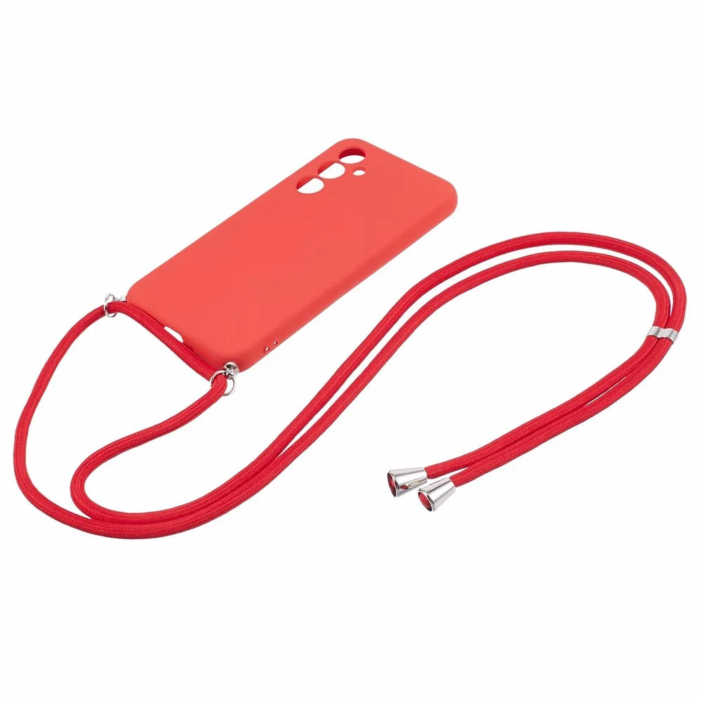 For Samsung Galaxy A54 5G TPU Case Fiber Lining Rubberized Cover with Long Lanyard - Red - 2