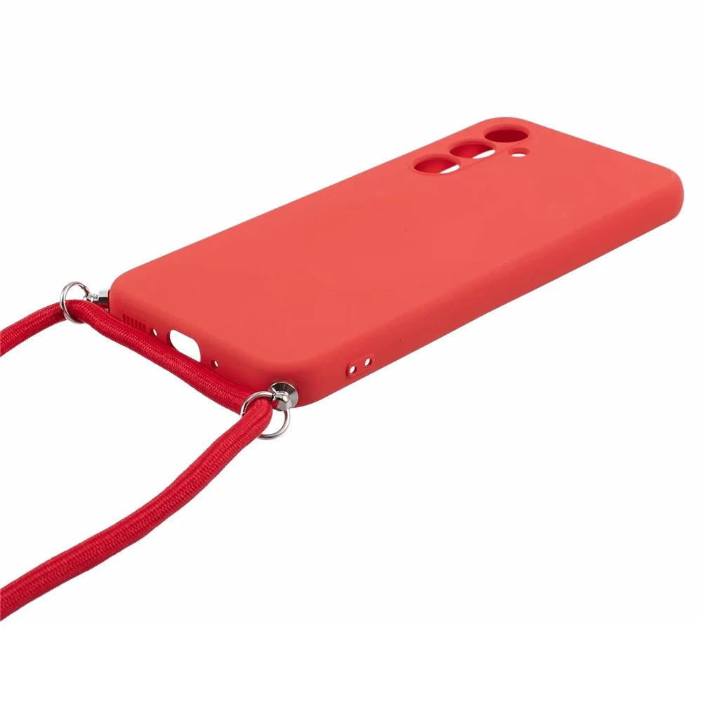For Samsung Galaxy A14 5G / A14 4G Case Fiber Lining Rubberized TPU Cover with Long Lanyard - Red - 3