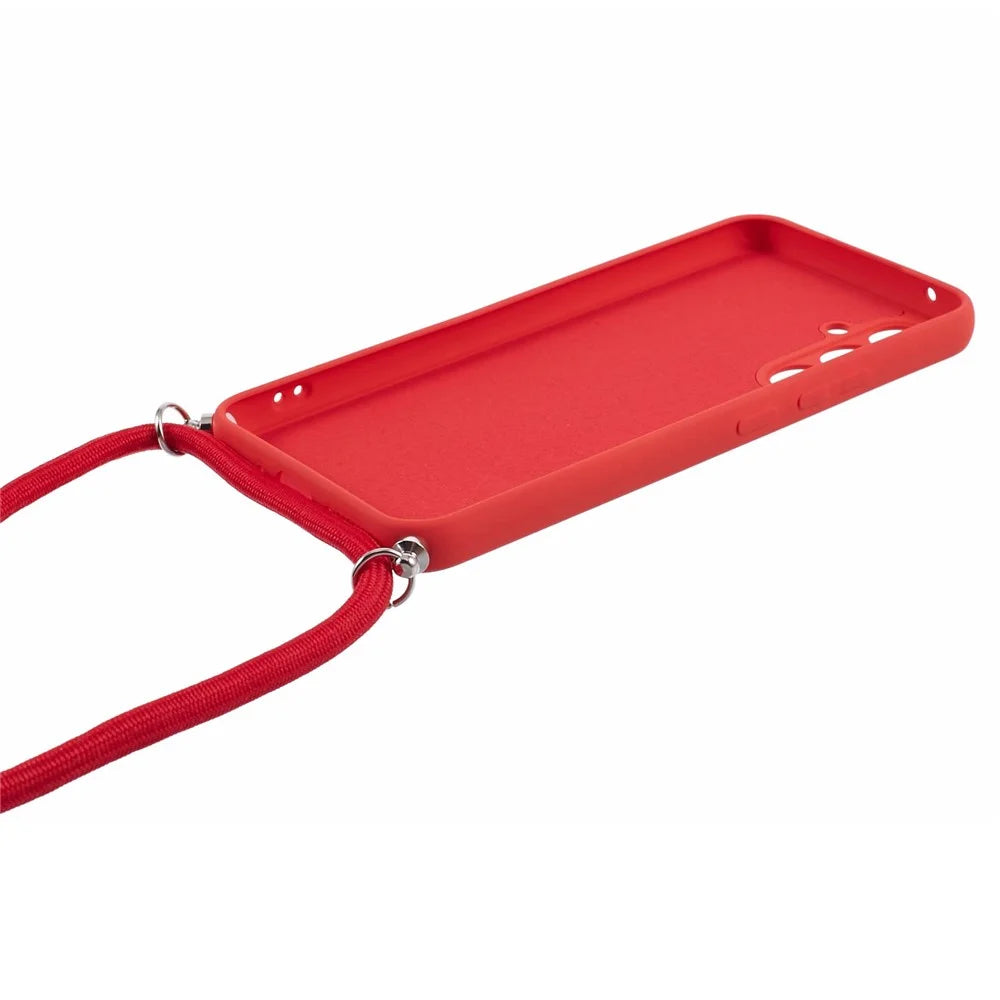 For Samsung Galaxy A14 5G / A14 4G Case Fiber Lining Rubberized TPU Cover with Long Lanyard - Red - 4